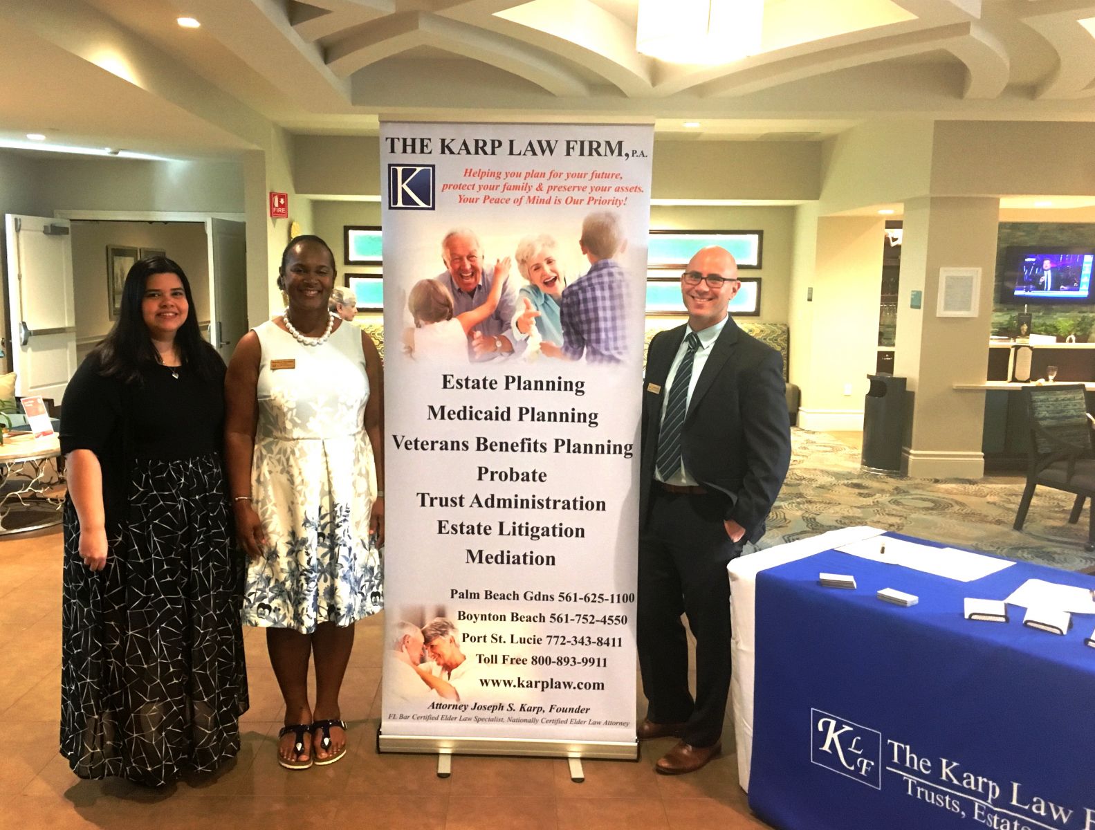 On the scene at HarborChase from The Karp Law Firm are (L-R) Quetxy Pagan, Estate Planning Assistant; Deeanna Farrington, MSW, Case Manager Supervisor; and Attorney Jonathan Karp 